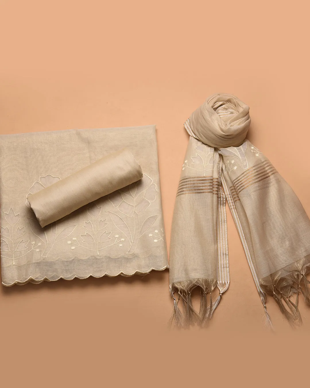 Light Beige Linen Tissue Blend Embroidered Unstitched Suit Fabric Set With Linen Tissue Blend Embroidered Dupatta