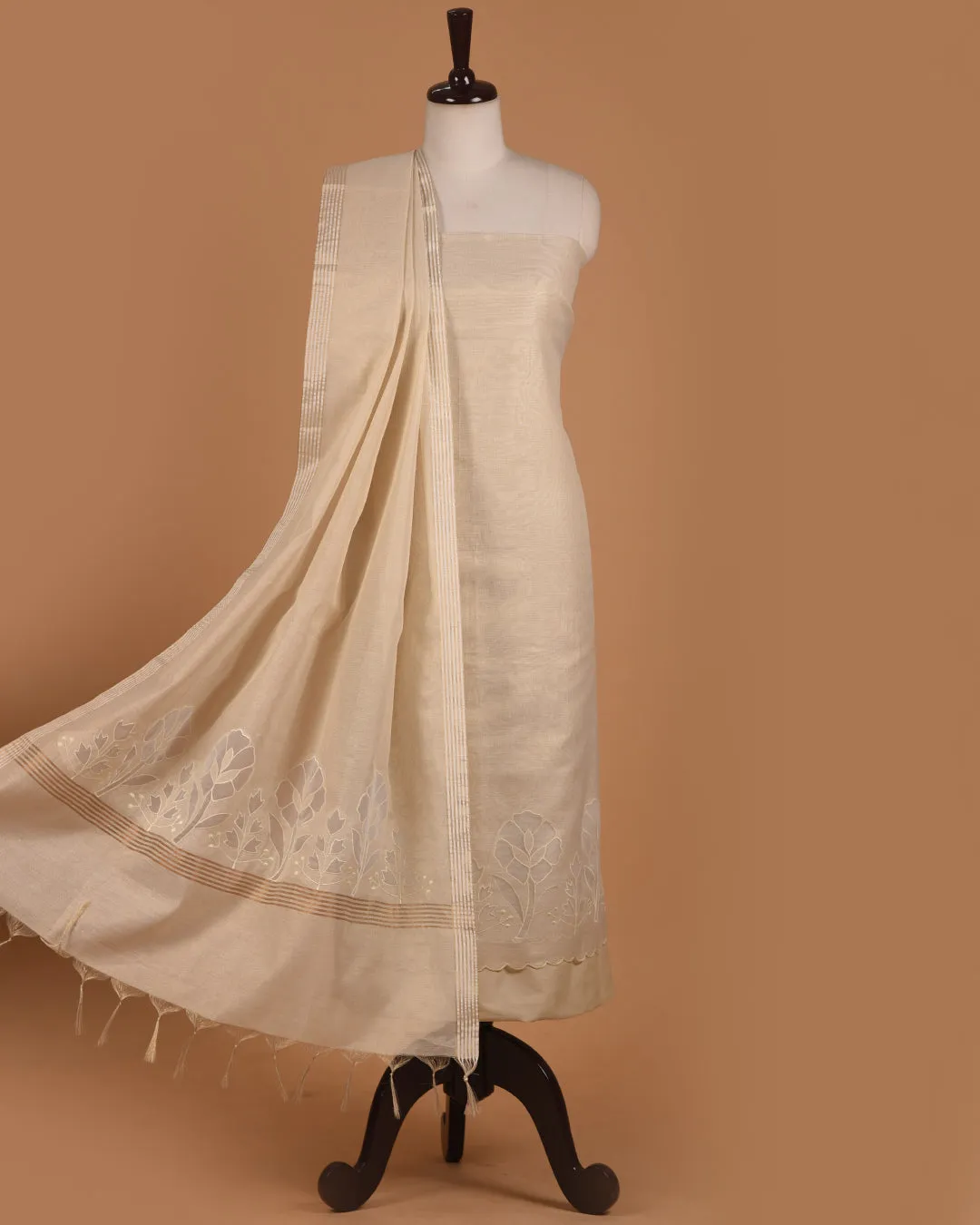 Light Beige Linen Tissue Blend Embroidered Unstitched Suit Fabric Set With Linen Tissue Blend Embroidered Dupatta