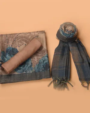 Light Brown With Blue Linen Blend Printed With Embroidery Unstitched Suit Fabric Set With Linen Dupatta