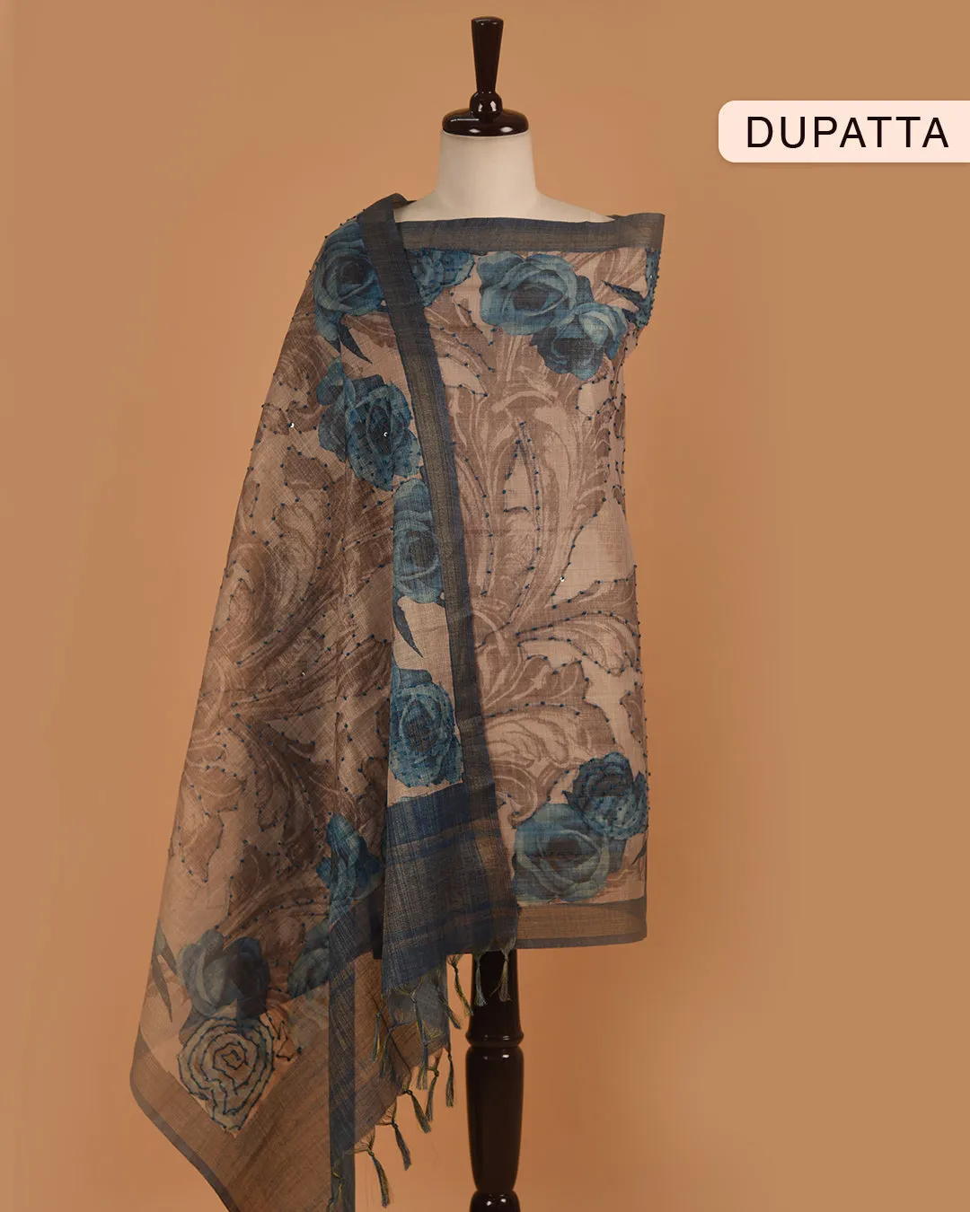 Light Brown With Blue Linen Blend Printed With Embroidery Unstitched Suit Fabric Set With Linen Dupatta