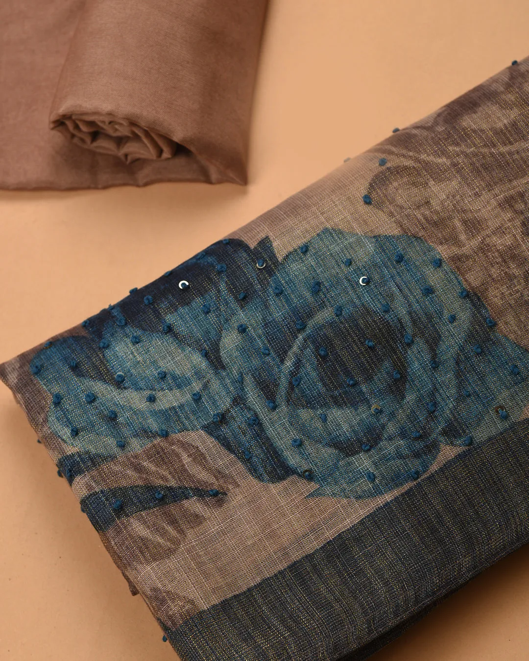 Light Brown With Blue Linen Blend Printed With Embroidery Unstitched Suit Fabric Set With Linen Dupatta