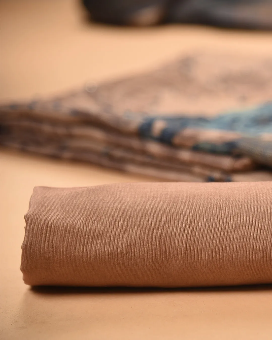 Light Brown With Blue Linen Blend Printed With Embroidery Unstitched Suit Fabric Set With Linen Dupatta
