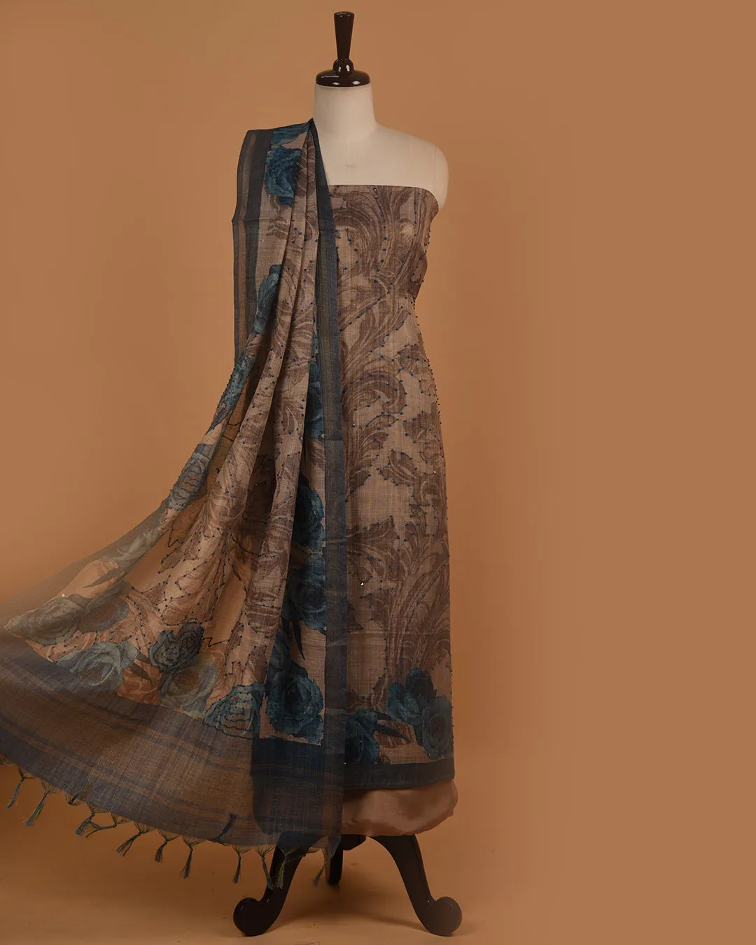 Light Brown With Blue Linen Blend Printed With Embroidery Unstitched Suit Fabric Set With Linen Dupatta