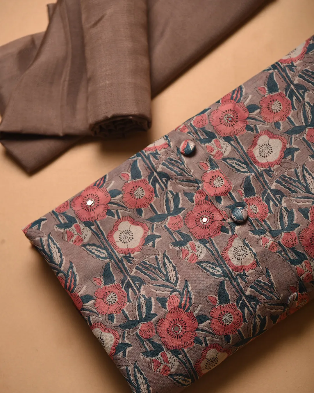 Light Brown With Pink Chanderi Printed With Embroidery Unstitched Suit Fabric Set With Chanderi Blend Dupatta