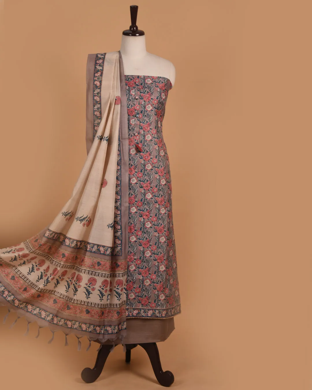 Light Brown With Pink Chanderi Printed With Embroidery Unstitched Suit Fabric Set With Chanderi Blend Dupatta