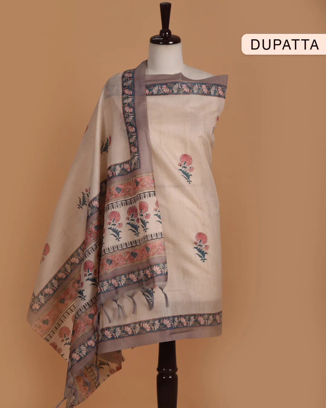 Light Brown With Pink Chanderi Printed With Embroidery Unstitched Suit Fabric Set With Chanderi Blend Dupatta