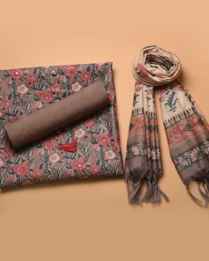 Light Brown With Pink Chanderi Printed With Embroidery Unstitched Suit Fabric Set With Chanderi Blend Dupatta