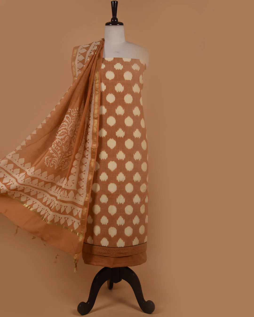 Light Camel Pure Cotton Ikat Unstitched Suit Fabric Set With Chanderi Printed Dupatta