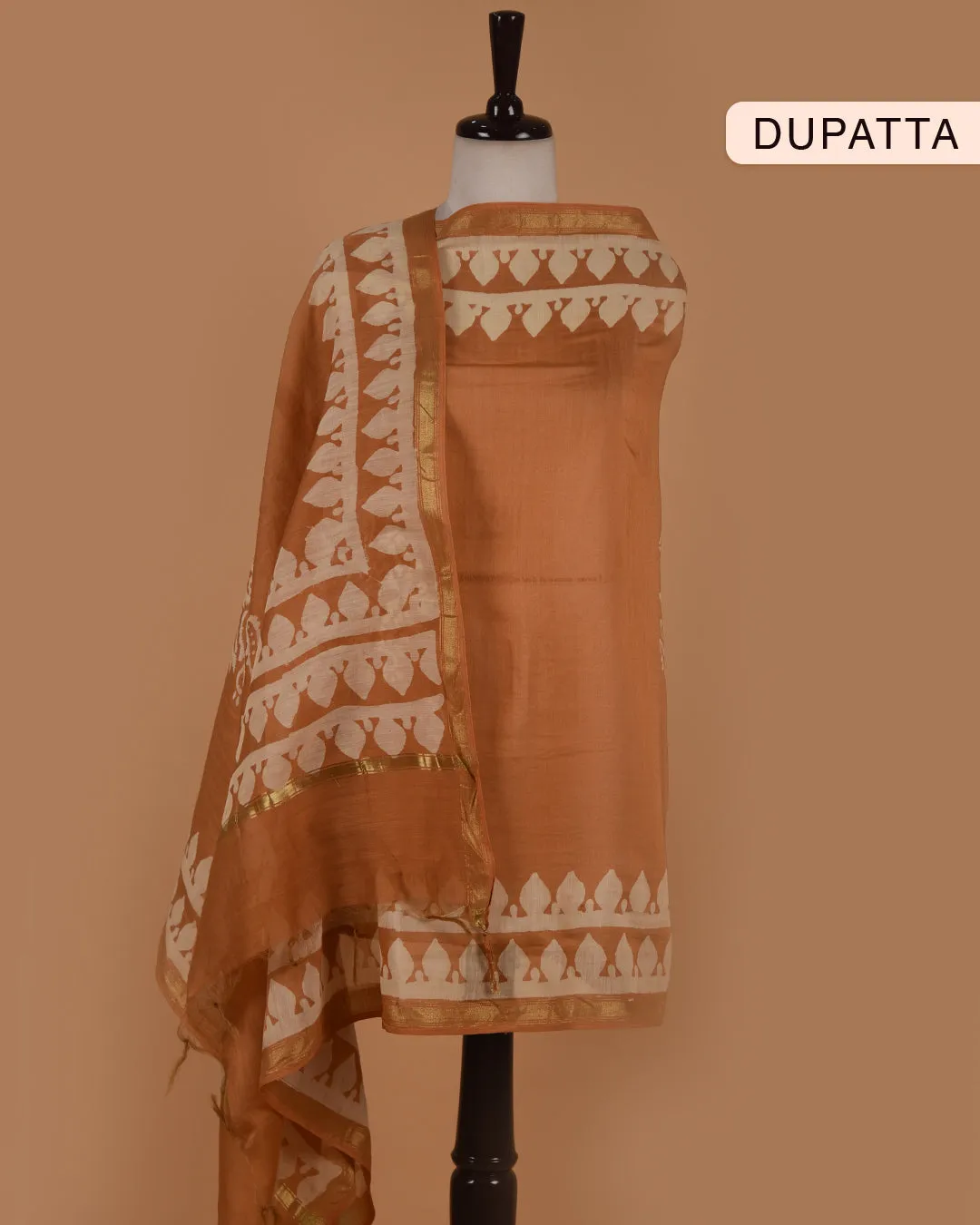 Light Camel Pure Cotton Ikat Unstitched Suit Fabric Set With Chanderi Printed Dupatta