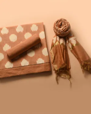 Light Camel Pure Cotton Ikat Unstitched Suit Fabric Set With Chanderi Printed Dupatta