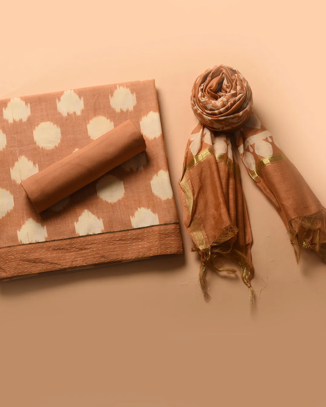 Light Camel Pure Cotton Ikat Unstitched Suit Fabric Set With Chanderi Printed Dupatta