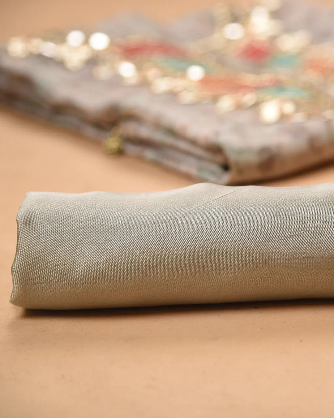 Light Gray Muslin Blend Printed With Embroidery Unstitched Suit Fabric Set With Silk Woven With Embroidery Dupatta