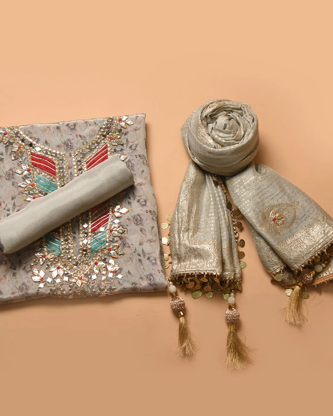 Light Gray Muslin Blend Printed With Embroidery Unstitched Suit Fabric Set With Silk Woven With Embroidery Dupatta