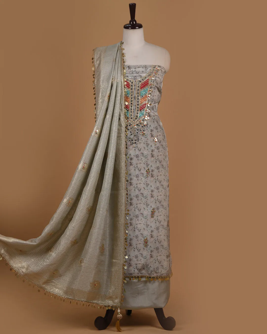 Light Gray Muslin Blend Printed With Embroidery Unstitched Suit Fabric Set With Silk Woven With Embroidery Dupatta