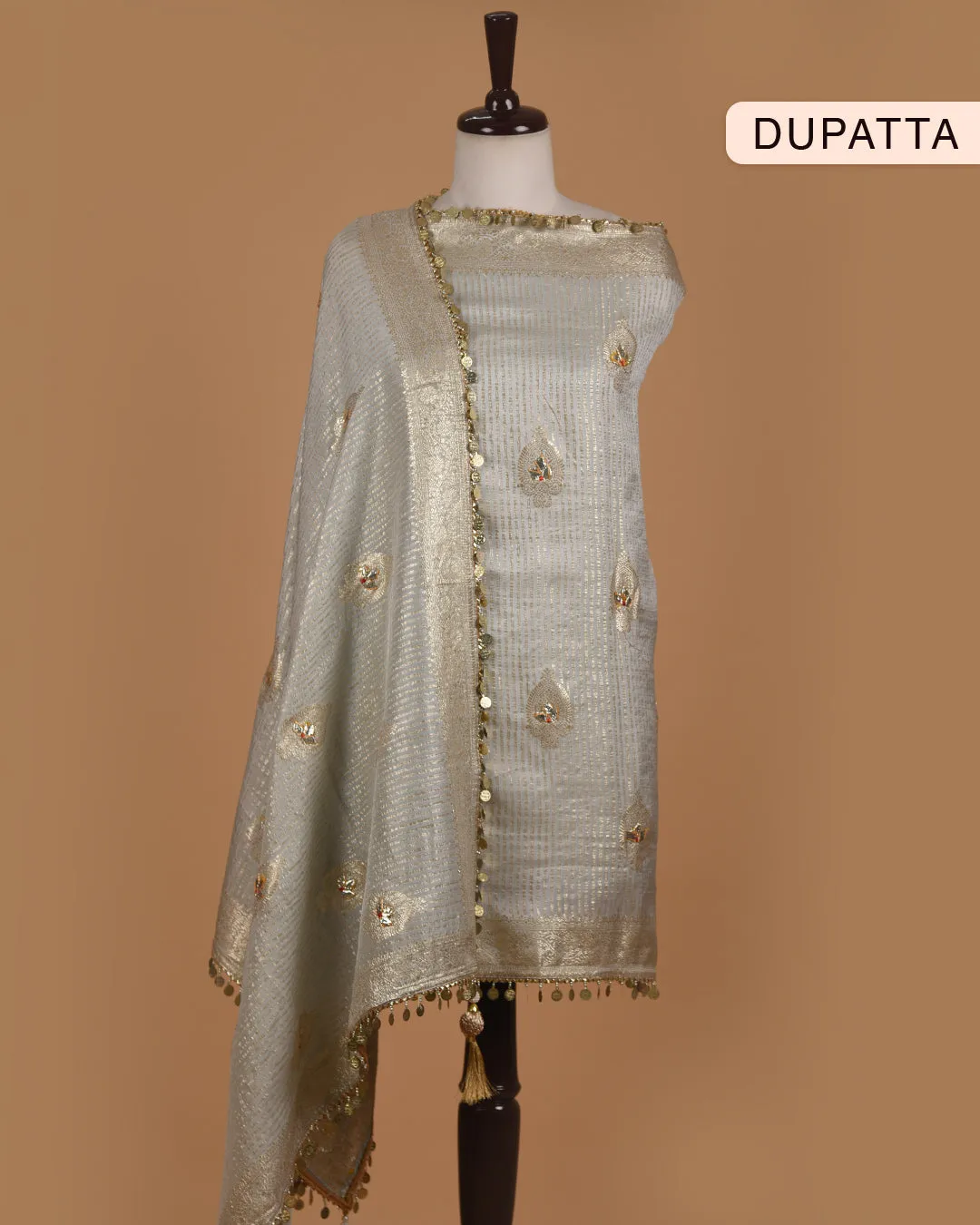 Light Gray Muslin Blend Printed With Embroidery Unstitched Suit Fabric Set With Silk Woven With Embroidery Dupatta