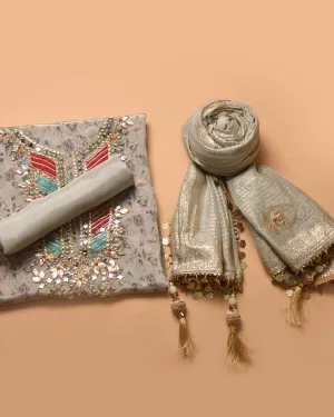 Light Gray Muslin Blend Printed With Embroidery Unstitched Suit Fabric Set With Silk Woven With Embroidery Dupatta