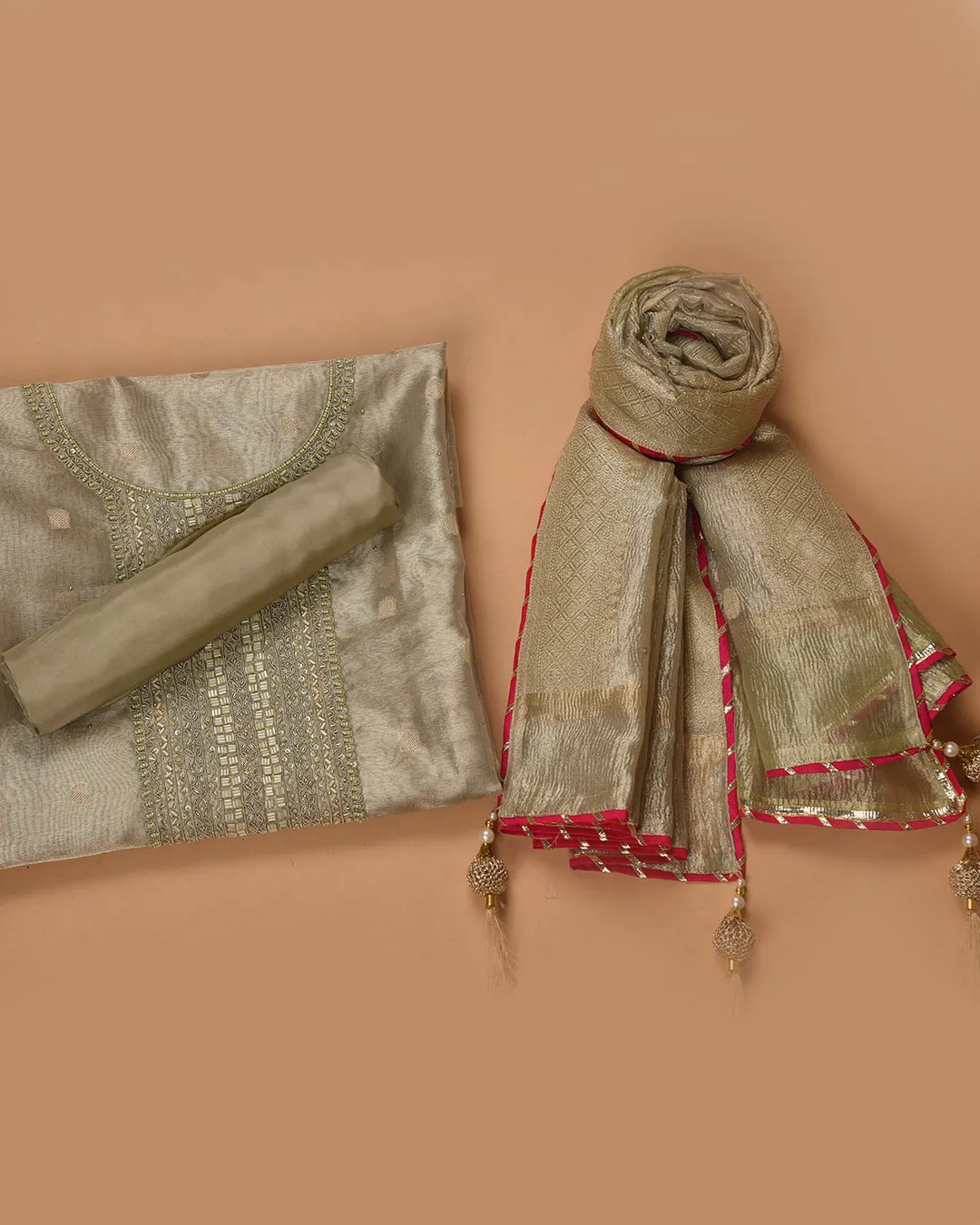 Light Green Organza Tissue Blend Woven With Embroidery Unstitched Suit Fabric Set With Crushed Organza Woven Dupatta