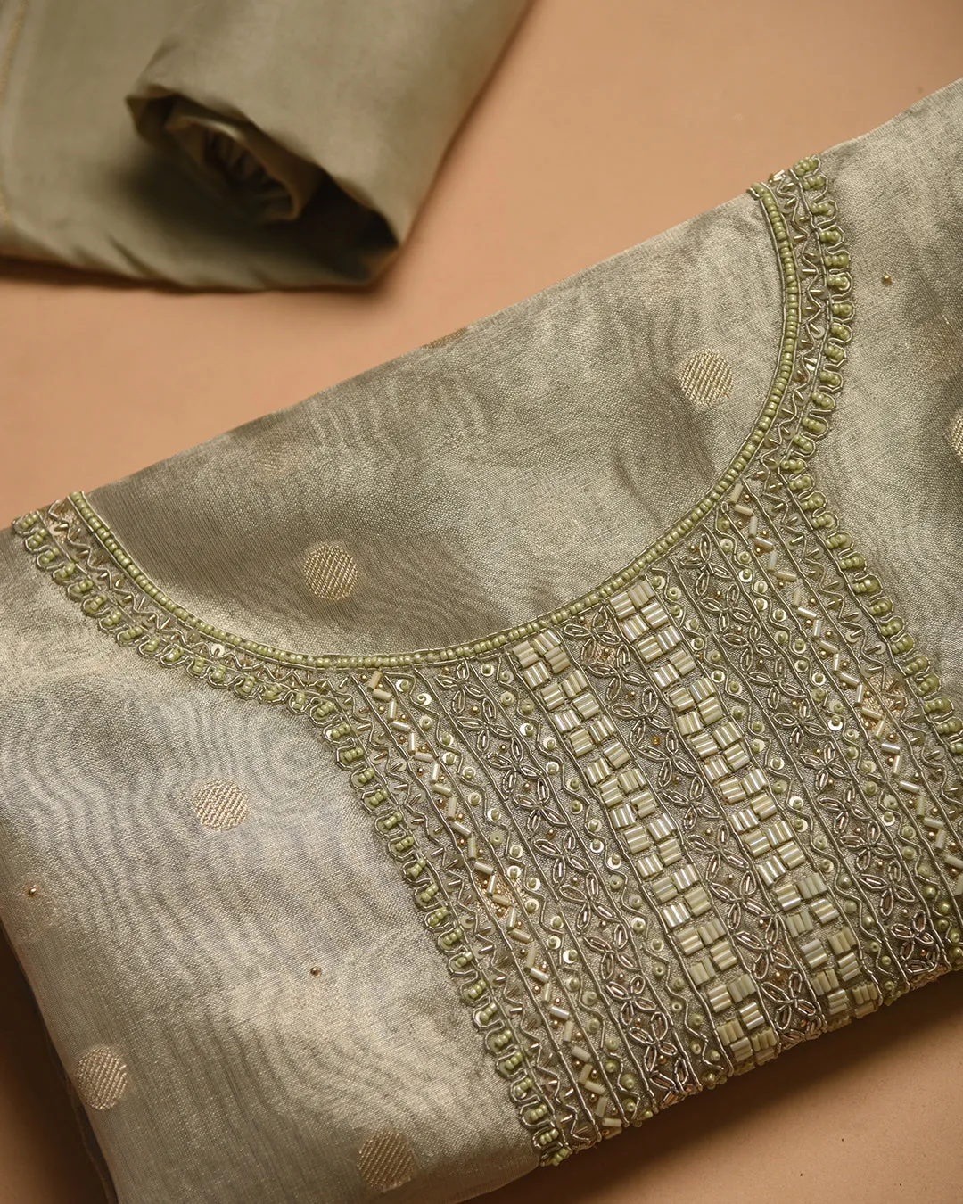Light Green Organza Tissue Blend Woven With Embroidery Unstitched Suit Fabric Set With Crushed Organza Woven Dupatta