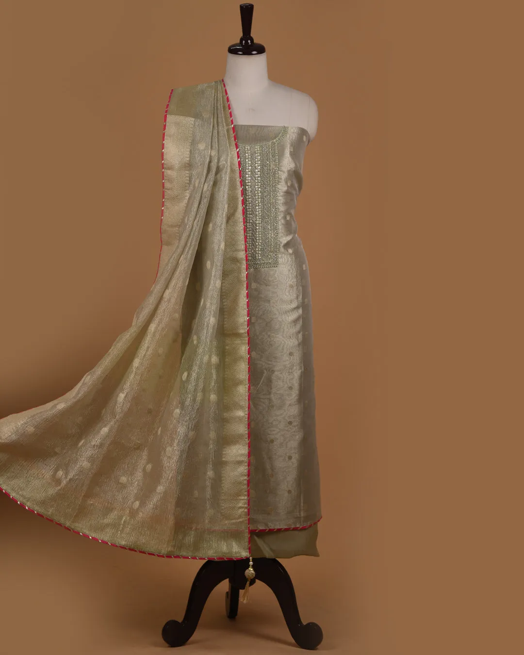 Light Green Organza Tissue Blend Woven With Embroidery Unstitched Suit Fabric Set With Crushed Organza Woven Dupatta