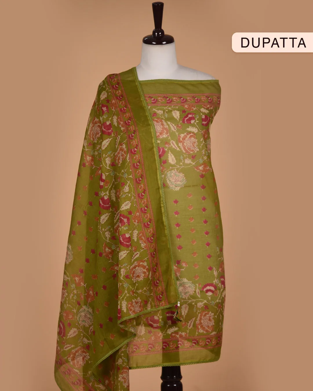 Light Green Pure Cotton Hand Block Printed With Embroidery Unstitched Suit Fabric Set With Cotton Dupatta