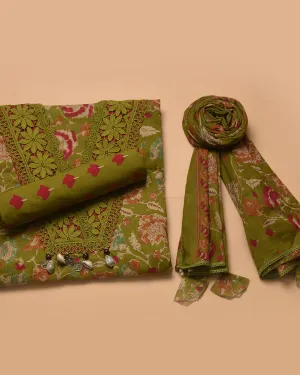 Light Green Pure Cotton Hand Block Printed With Embroidery Unstitched Suit Fabric Set With Cotton Dupatta