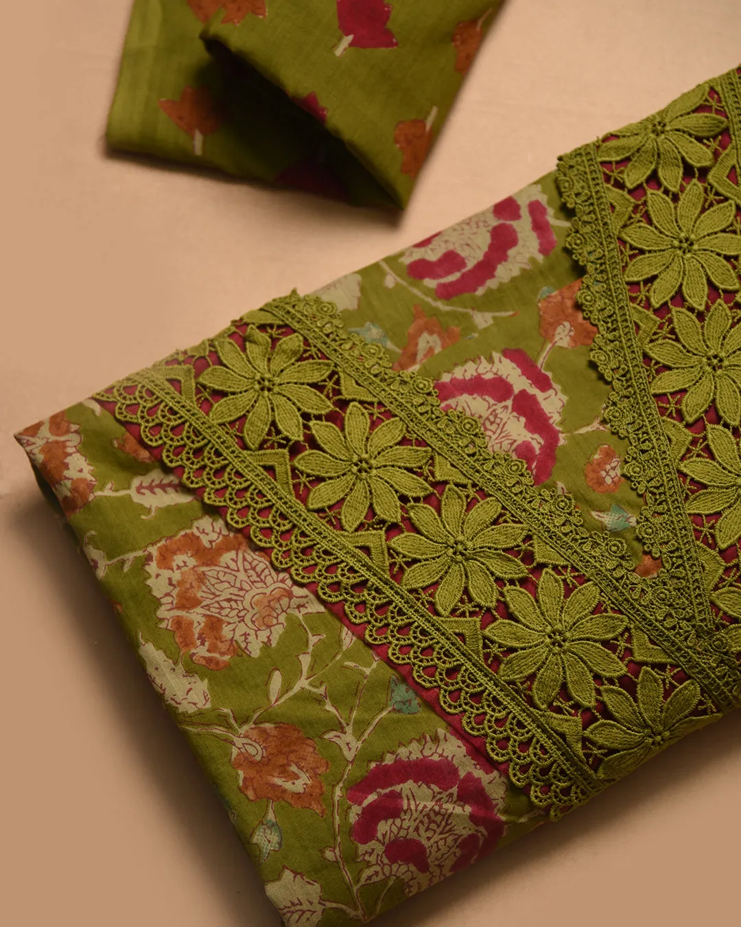 Light Green Pure Cotton Hand Block Printed With Embroidery Unstitched Suit Fabric Set With Cotton Dupatta