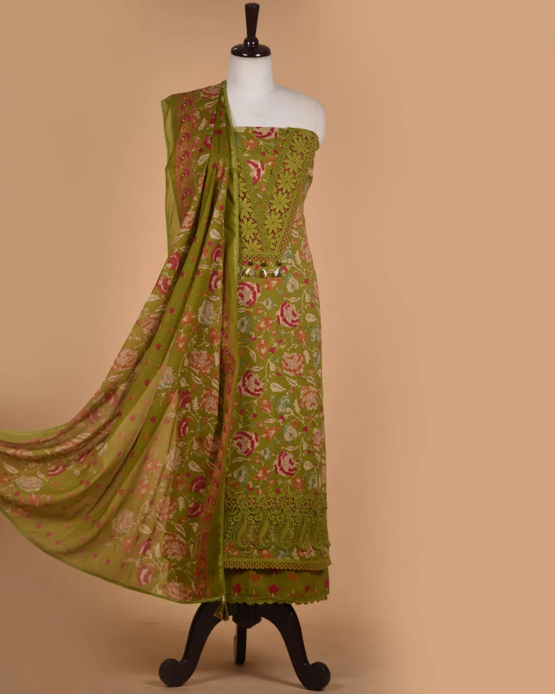 Light Green Pure Cotton Hand Block Printed With Embroidery Unstitched Suit Fabric Set With Cotton Dupatta