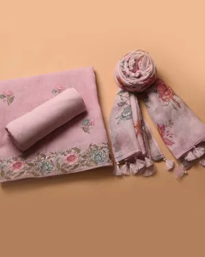 Light Mauve Linen Embroidered Unstitched Suit Fabric Set With Linen Printed Dupatta