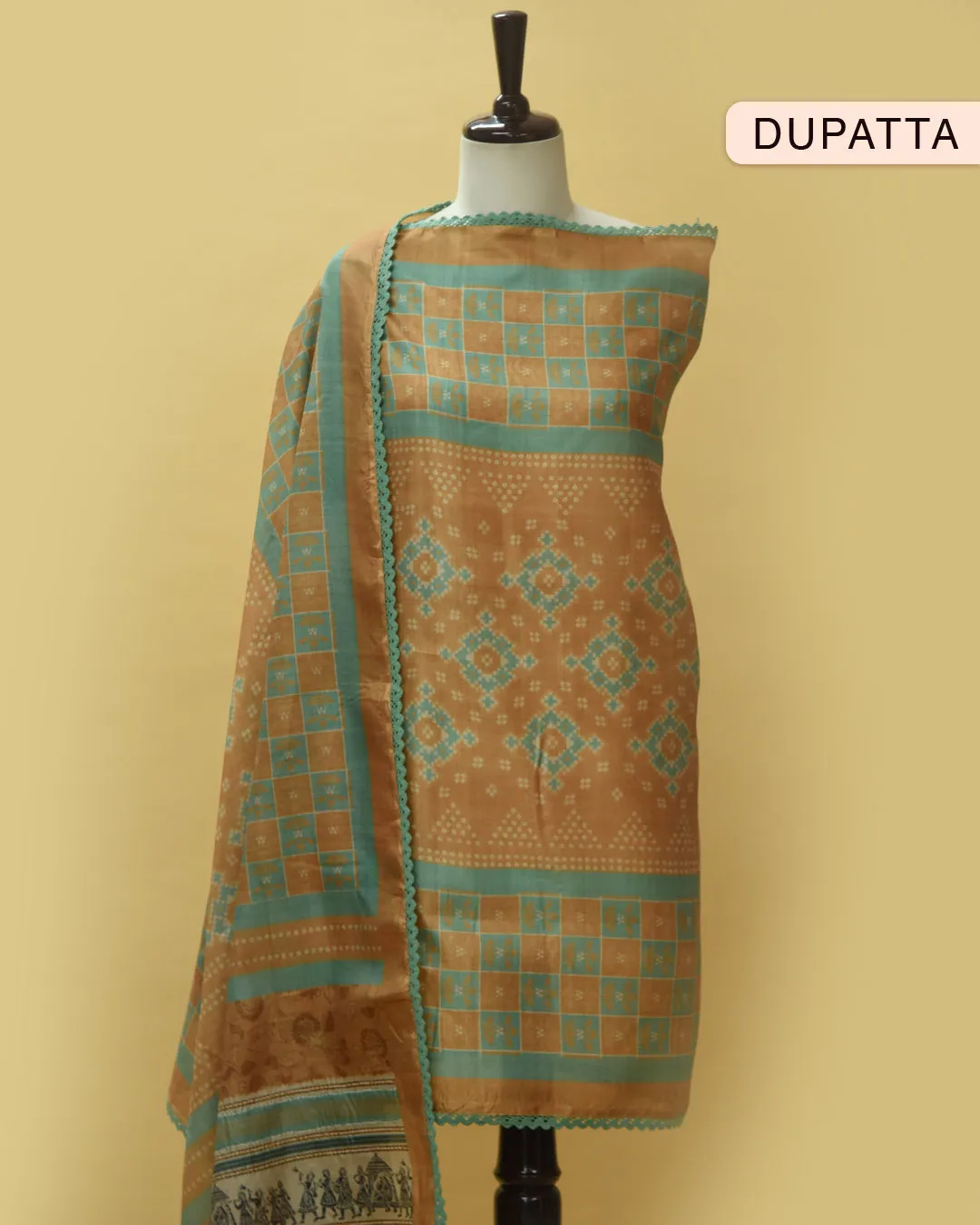 Light Mustard Cotton Silk Blend Printed Unstitched Suit Fabric Set With Cotton Silk Dupatta