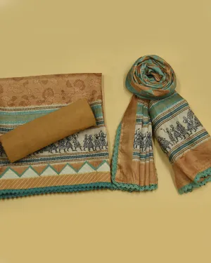Light Mustard Cotton Silk Blend Printed Unstitched Suit Fabric Set With Cotton Silk Dupatta