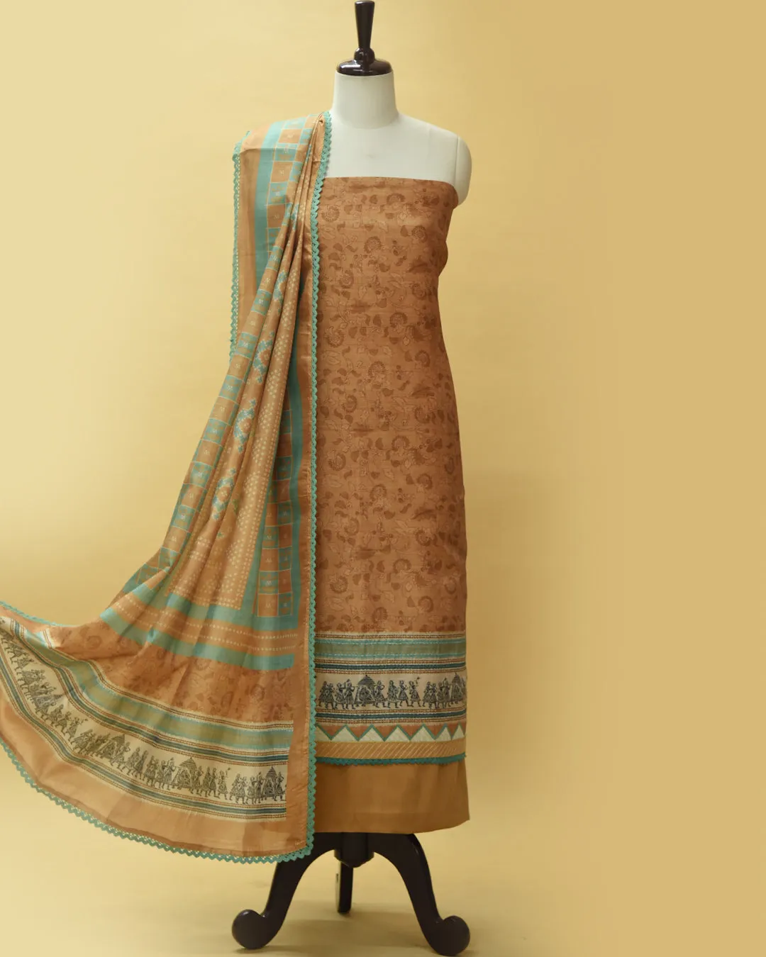 Light Mustard Cotton Silk Blend Printed Unstitched Suit Fabric Set With Cotton Silk Dupatta