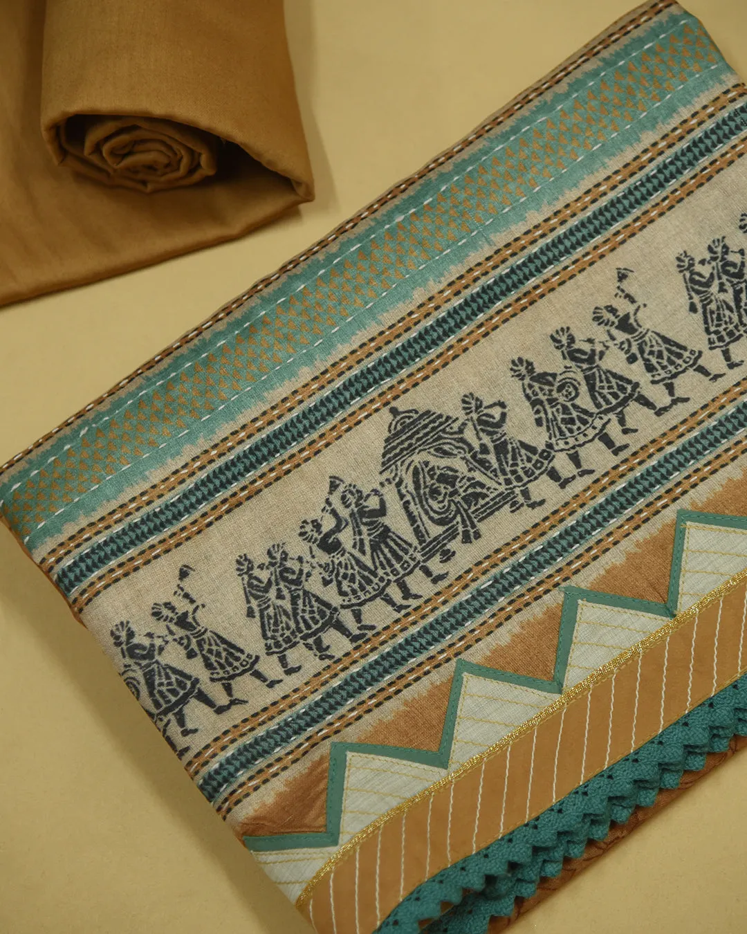 Light Mustard Cotton Silk Blend Printed Unstitched Suit Fabric Set With Cotton Silk Dupatta