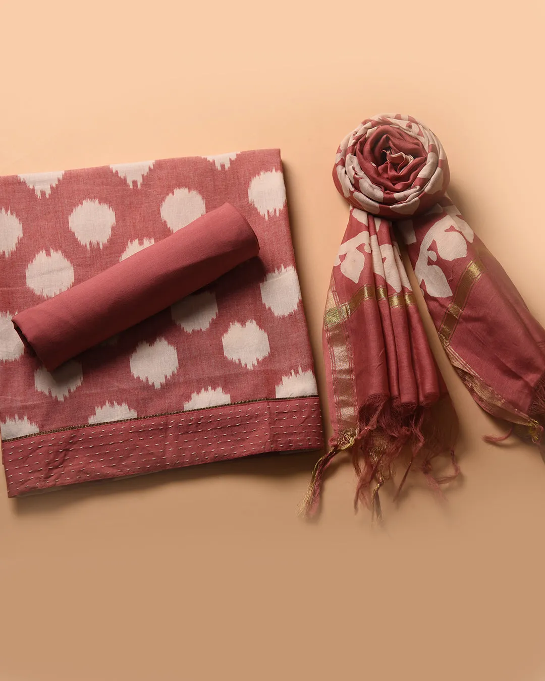Light Onion Pink With White Pure Cotton Ikat Unstitched Suit Fabric Set With Chanderi Printed Dupatta