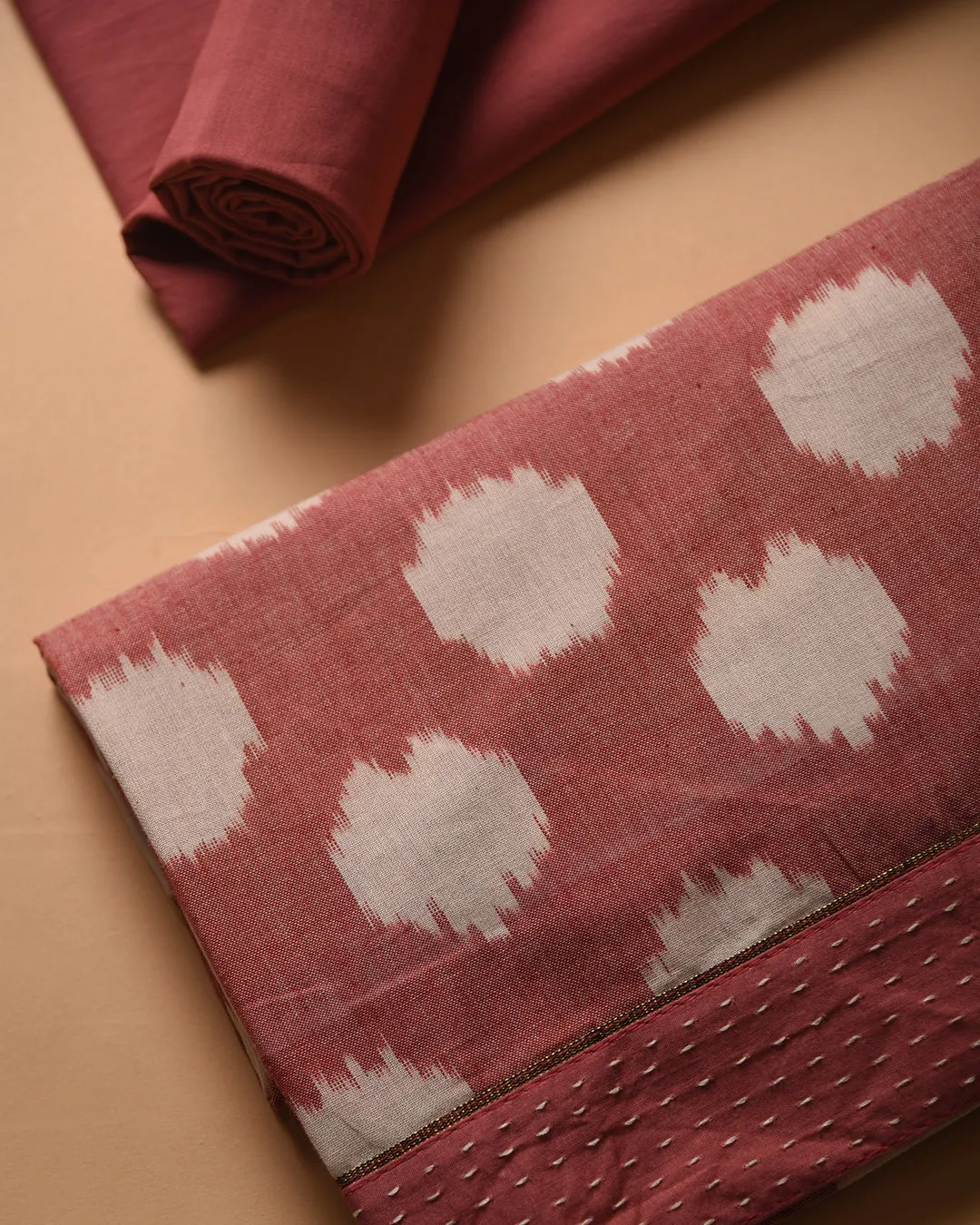 Light Onion Pink With White Pure Cotton Ikat Unstitched Suit Fabric Set With Chanderi Printed Dupatta