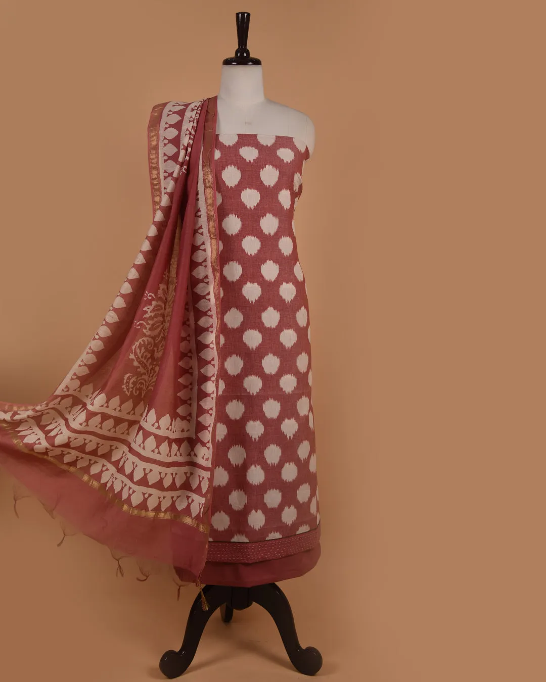 Light Onion Pink With White Pure Cotton Ikat Unstitched Suit Fabric Set With Chanderi Printed Dupatta