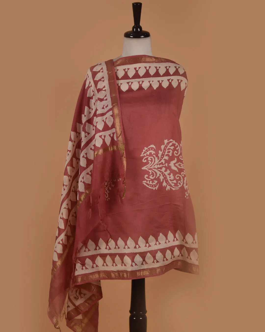 Light Onion Pink With White Pure Cotton Ikat Unstitched Suit Fabric Set With Chanderi Printed Dupatta