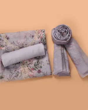 Light Purple Linen Blend Printed With Embroidery Unstitched Suit Fabric Set With Linen Dupatta
