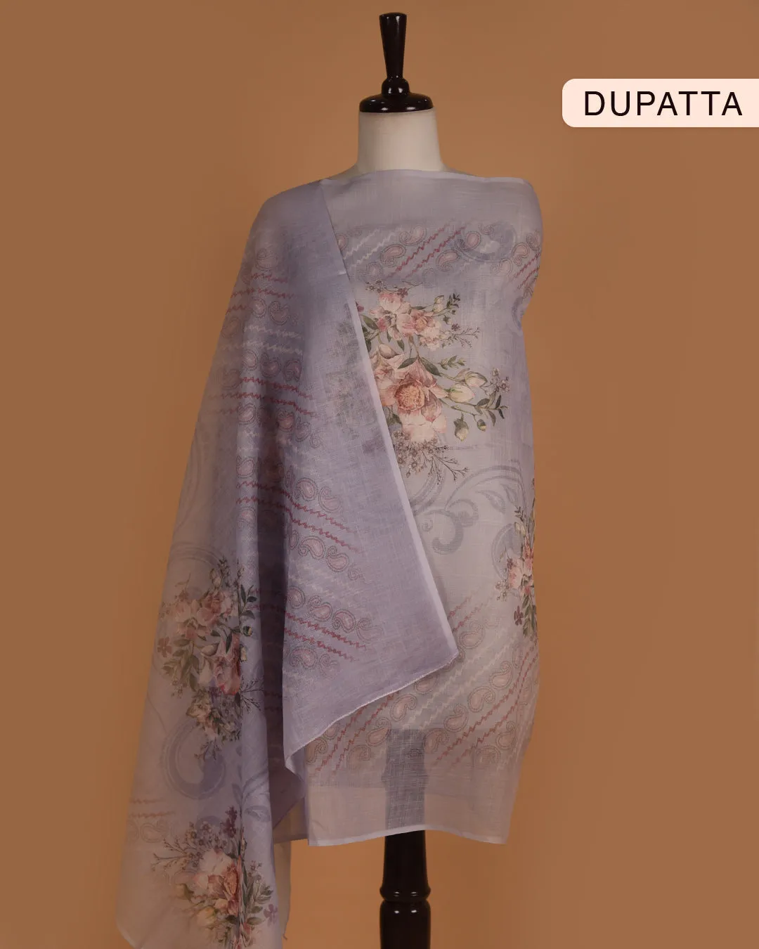 Light Purple Linen Blend Printed With Embroidery Unstitched Suit Fabric Set With Linen Dupatta