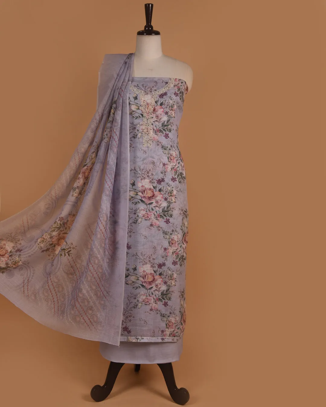 Light Purple Linen Blend Printed With Embroidery Unstitched Suit Fabric Set With Linen Dupatta