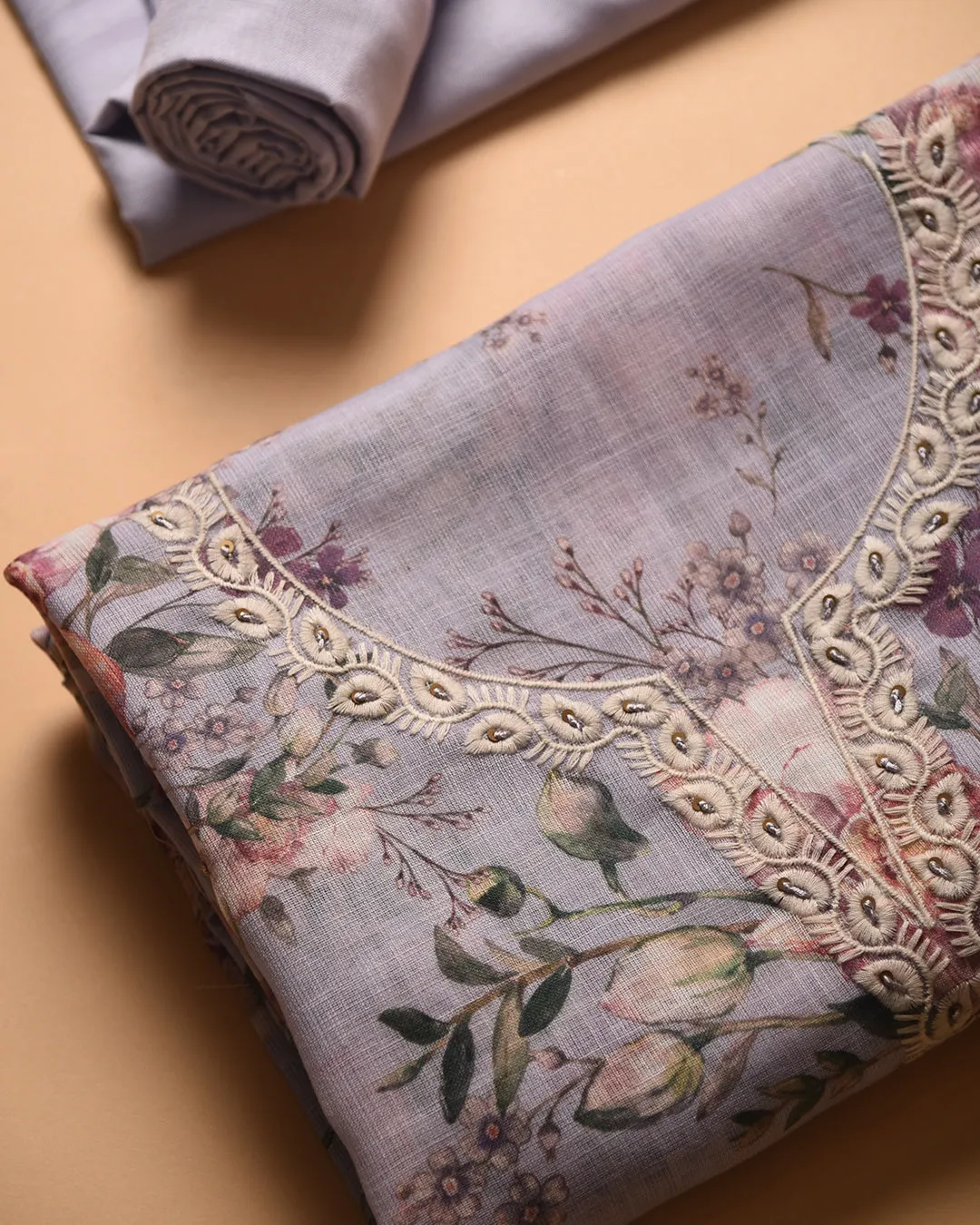 Light Purple Linen Blend Printed With Embroidery Unstitched Suit Fabric Set With Linen Dupatta
