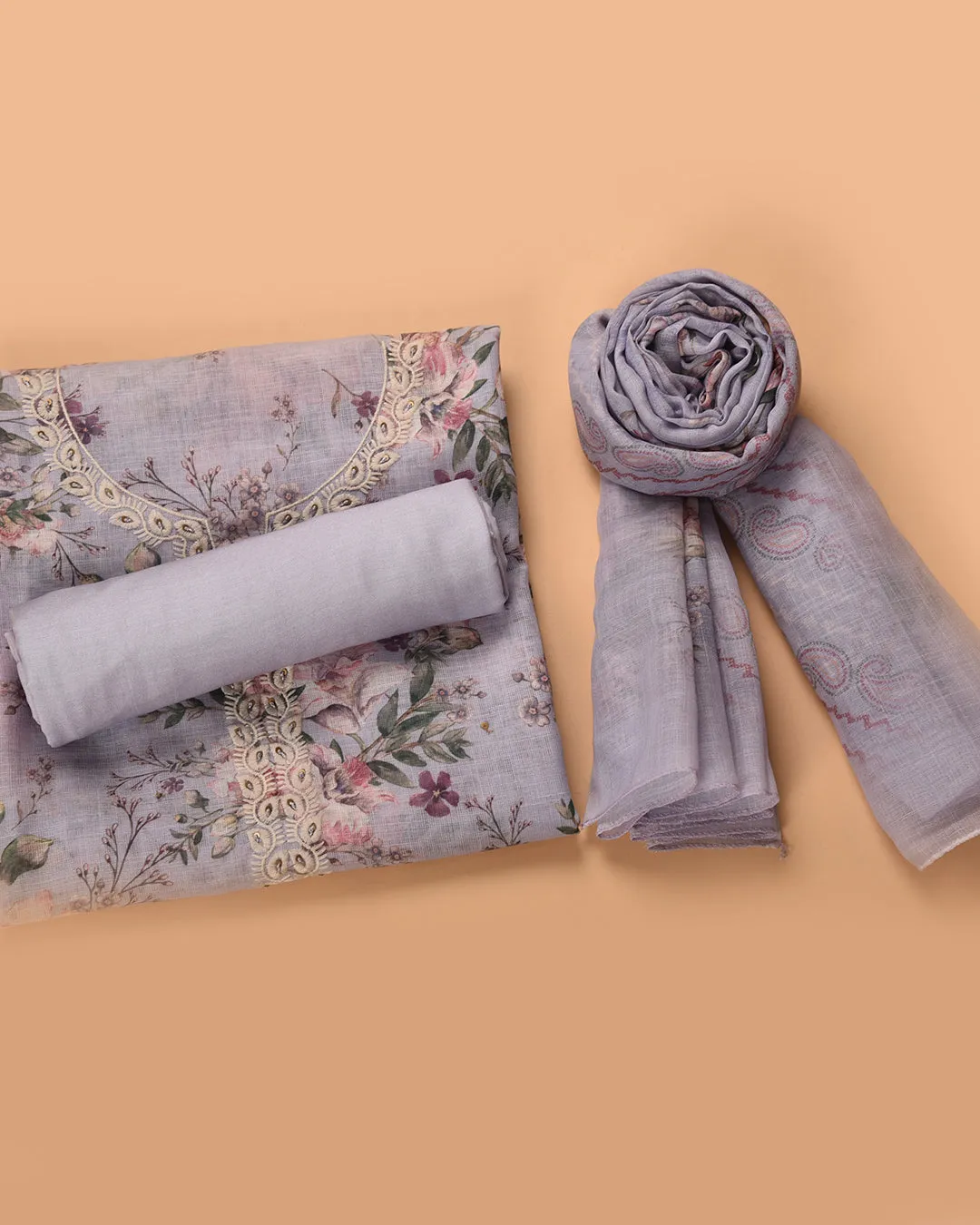 Light Purple Linen Blend Printed With Embroidery Unstitched Suit Fabric Set With Linen Dupatta