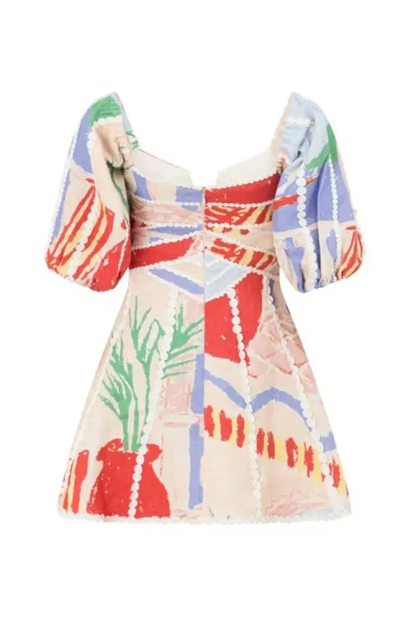 Linen Blend Trims Unique Print Puff Sleeve Mini Dress