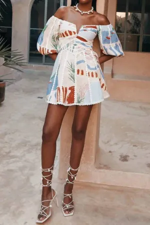 Linen Blend Trims Unique Print Puff Sleeve Mini Dress