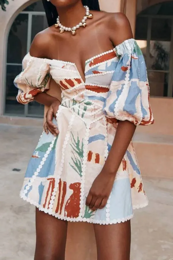 Linen Blend Trims Unique Print Puff Sleeve Mini Dress