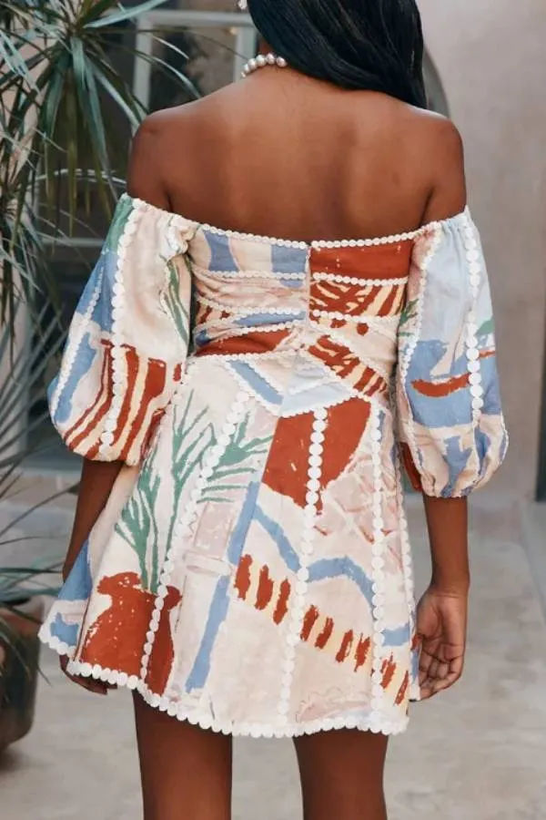 Linen Blend Trims Unique Print Puff Sleeve Mini Dress