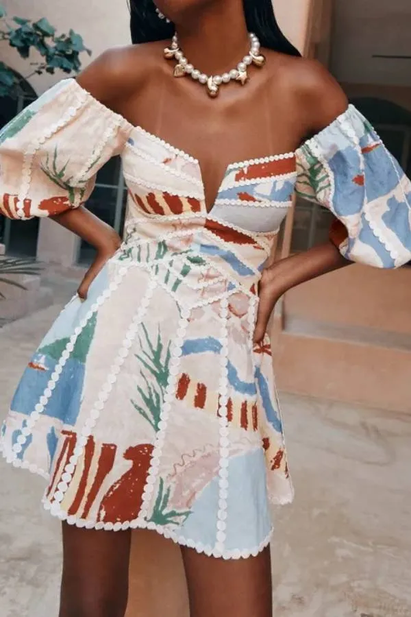 Linen Blend Trims Unique Print Puff Sleeve Mini Dress