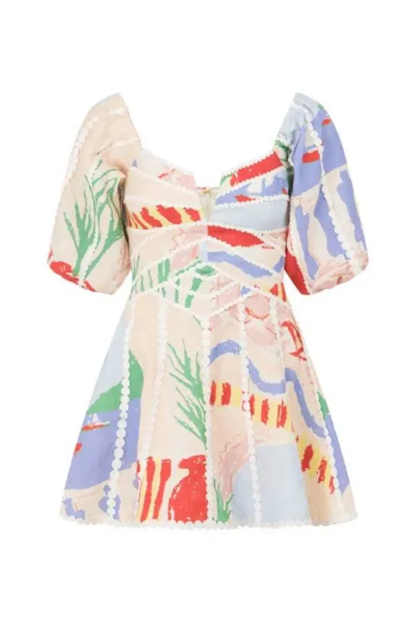 Linen Blend Trims Unique Print Puff Sleeve Mini Dress