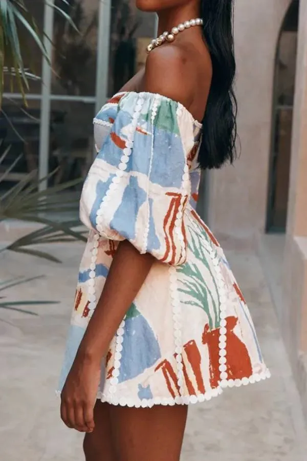 Linen Blend Trims Unique Print Puff Sleeve Mini Dress