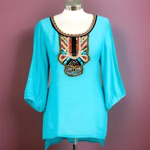 Loose Fit Embellished Tunic Blue Top