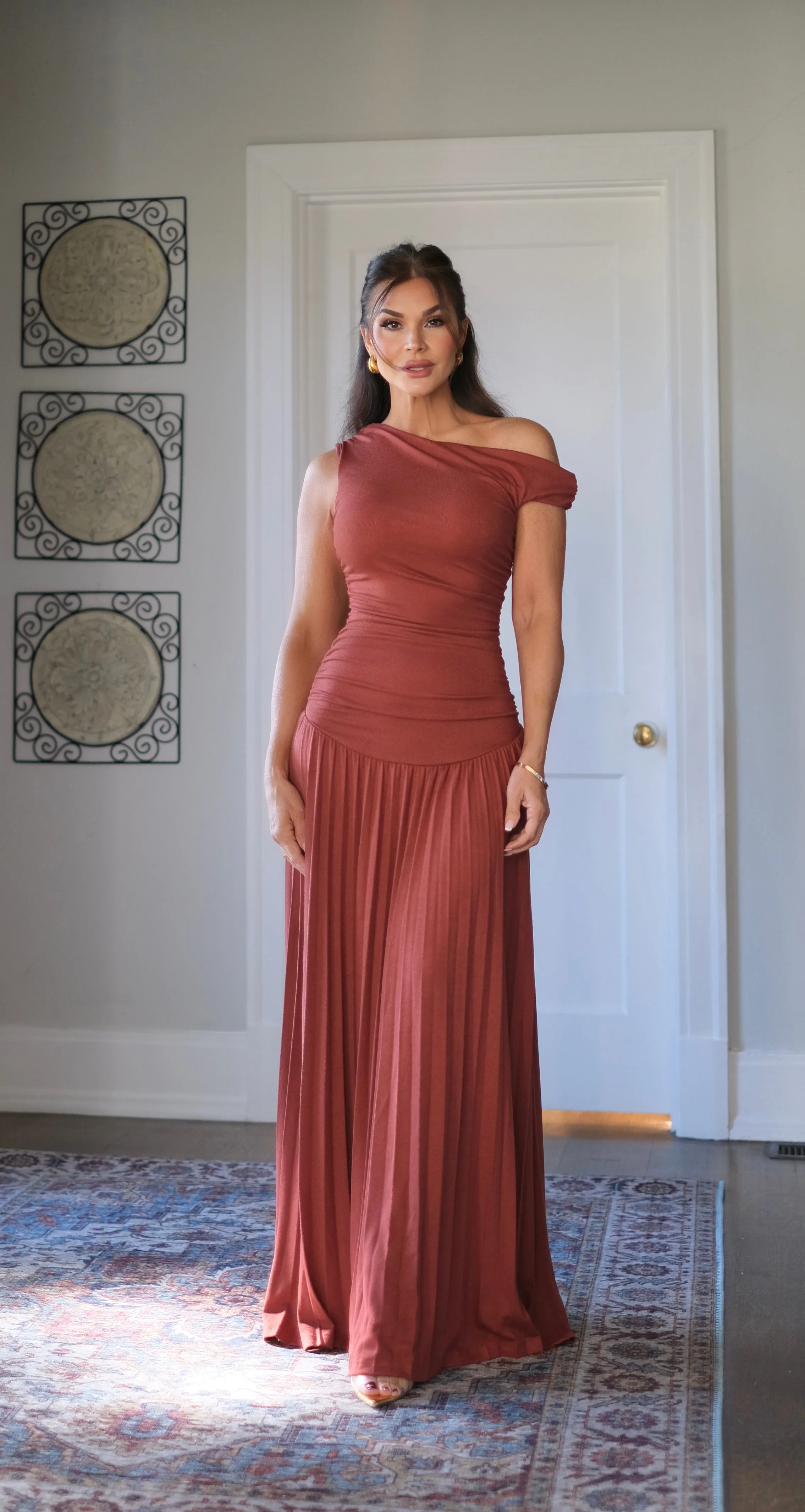 Maeve Rust One Shoulder Ruched Body Pleated Maxi Dress